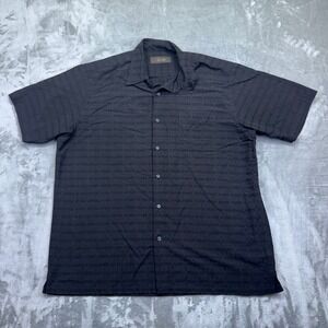 Tasso Elba Mens Black Silk Button Up Short Sleeve Shirt Sz L Grunge Preppy Retro